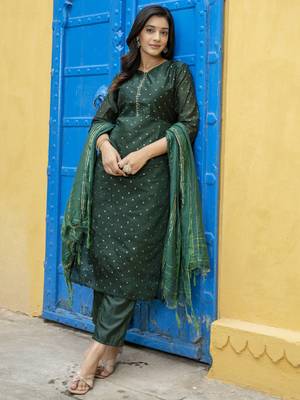 Green embroidered chanderi modal butti salwar suit 4