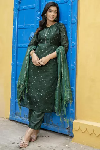 Green embroidered chanderi modal butti salwar suit