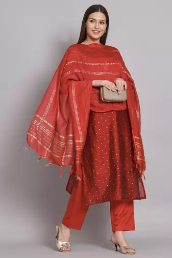 Maroon embroidered chanderi modal butti salwar suit