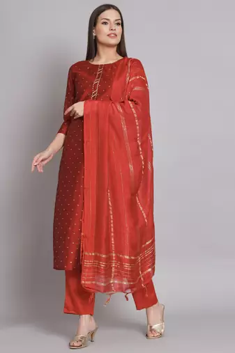 Maroon embroidered chanderi modal butti salwar suit