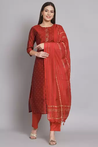 Maroon embroidered chanderi modal butti salwar suit