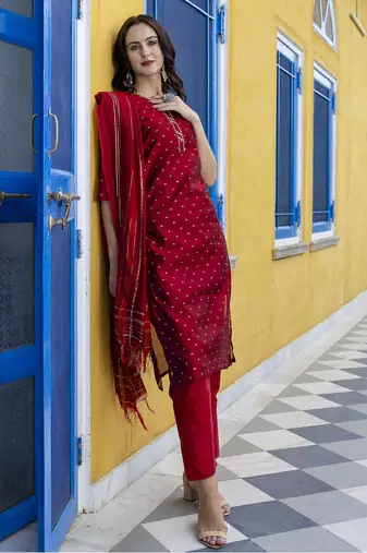 Maroon embroidered chanderi modal butti salwar suit