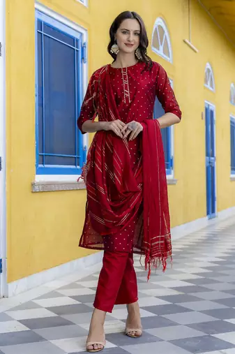 Maroon embroidered chanderi modal butti salwar suit