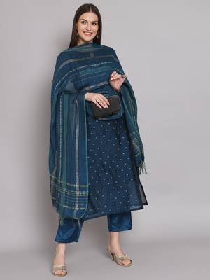 Blue embroidered chanderi modal butti salwar suit 1