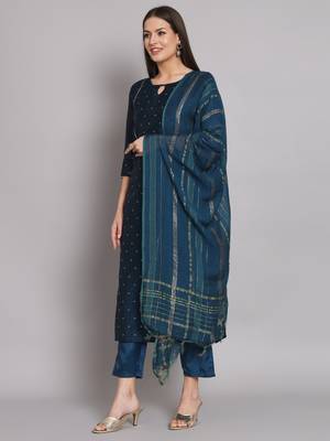Blue embroidered chanderi modal butti salwar suit 3