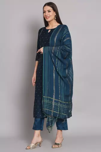 Blue embroidered chanderi modal butti salwar suit