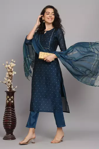 Blue embroidered chanderi modal butti salwar suit