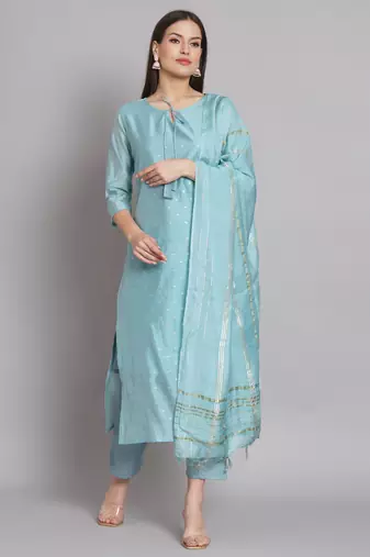 Blue embroidered chanderi modal butti salwar suit