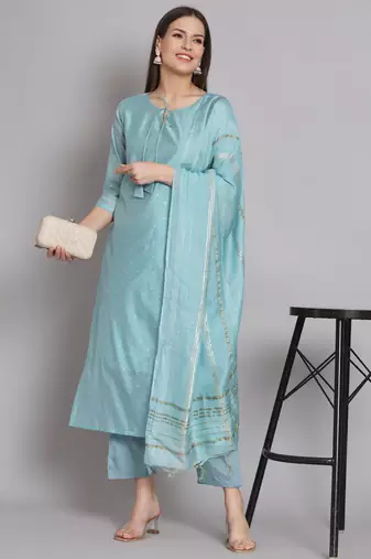 Blue embroidered chanderi modal butti salwar suit