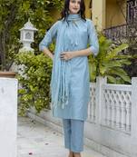 Blue embroidered chanderi modal butti salwar suit