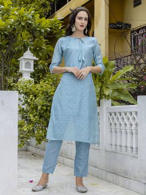 Blue embroidered chanderi modal butti salwar suit 2