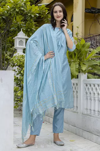 Blue embroidered chanderi modal butti salwar suit