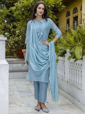 Blue embroidered chanderi modal butti salwar suit 4