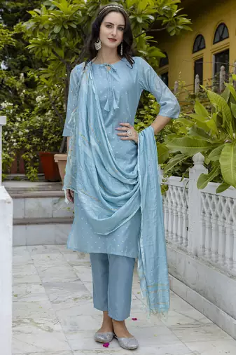 Blue embroidered chanderi modal butti salwar suit