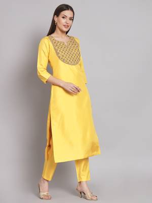 Yellow embroidered cotton silk blend salwar suit 2