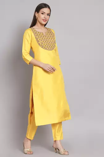 Yellow embroidered cotton silk blend salwar suit