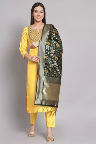 Yellow embroidered cotton silk blend salwar suit