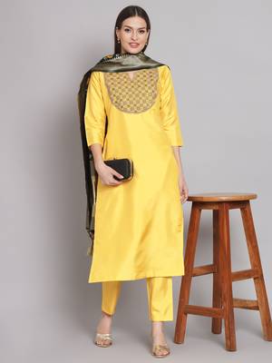 Yellow embroidered cotton silk blend salwar suit 4