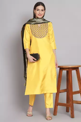 Yellow embroidered cotton silk blend salwar suit