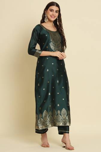Green embroidered cotton silk jacquard salwar suit