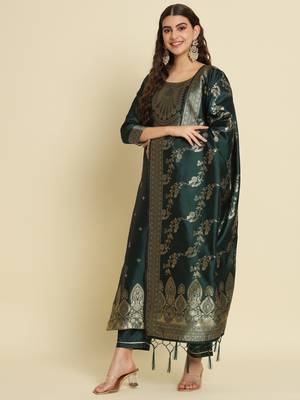 Green embroidered cotton silk jacquard salwar suit 2