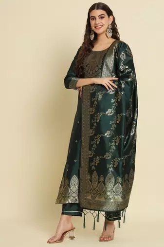Green embroidered cotton silk jacquard salwar suit