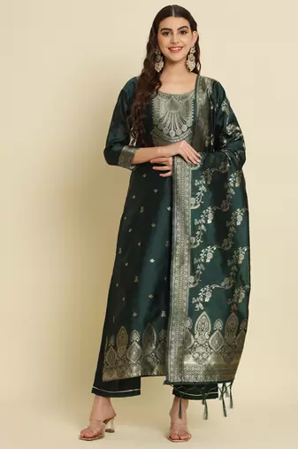 Green embroidered cotton silk jacquard salwar suit
