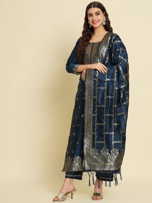 Teal embroidered cotton silk jacquard salwar suit 1