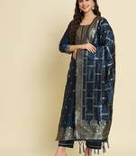 Teal embroidered cotton silk jacquard salwar suit