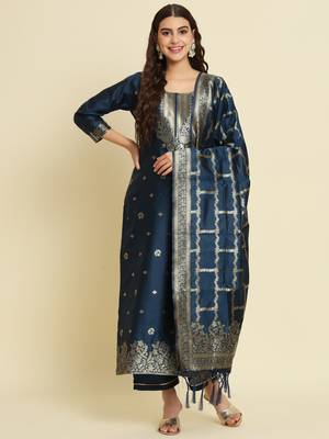 Teal embroidered cotton silk jacquard salwar suit 2