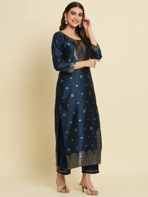 Teal embroidered cotton silk jacquard salwar suit 3
