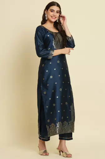Teal embroidered cotton silk jacquard salwar suit