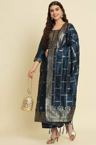 Teal embroidered cotton silk jacquard salwar suit