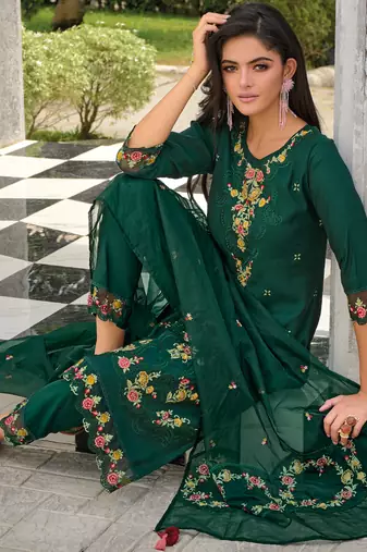 Green embroidered viscose silk salwar suit
