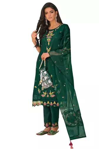 Green embroidered viscose silk salwar suit