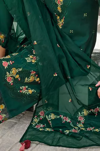 Green embroidered viscose silk salwar suit