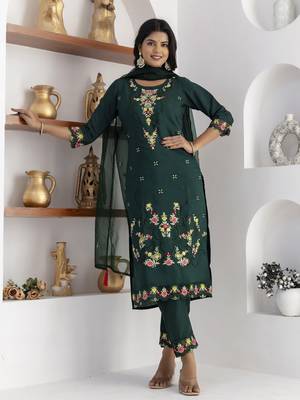 Green embroidered viscose silk salwar suit 1
