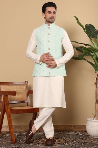 Sea green silk embroidered nehru jacket
