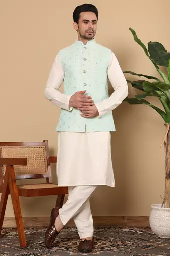 Sea green silk embroidered nehru jacket