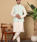 Sea green silk embroidered nehru jacket