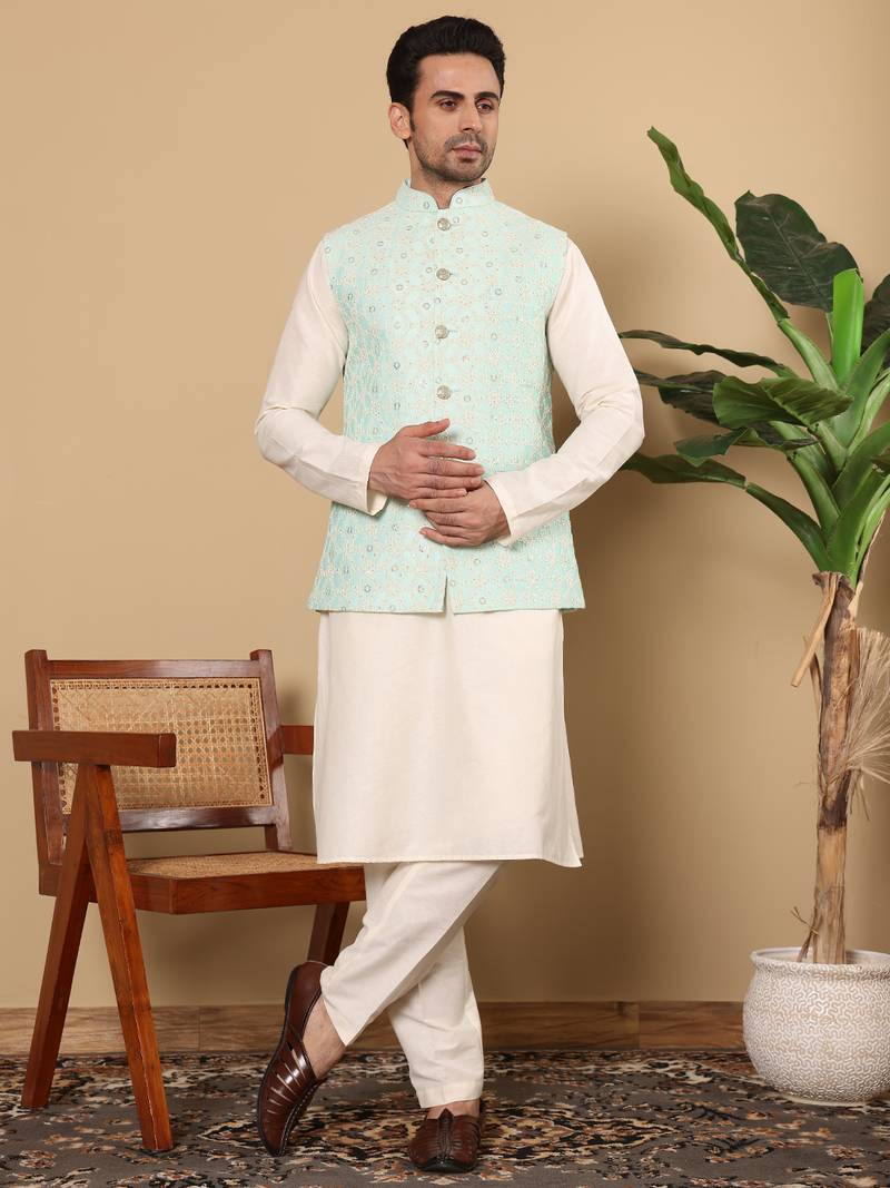 Sea green silk embroidered nehru jacket
