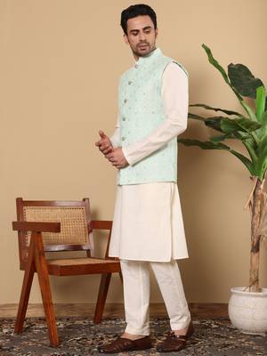 Sea green silk embroidered nehru jacket 2
