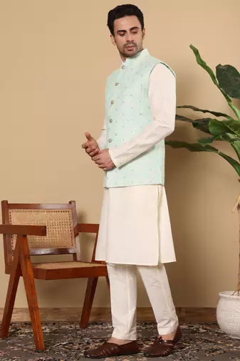 Sea green silk embroidered nehru jacket
