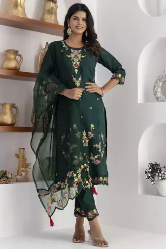 Green embroidered viscose silk salwar suit