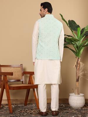 Sea green silk embroidered nehru jacket 3