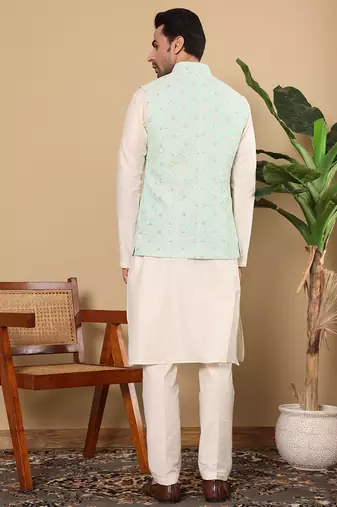 Sea green silk embroidered nehru jacket
