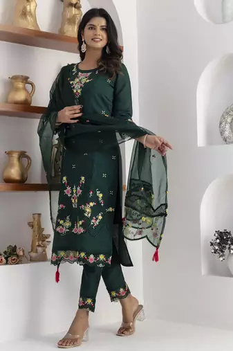 Green embroidered viscose silk salwar suit