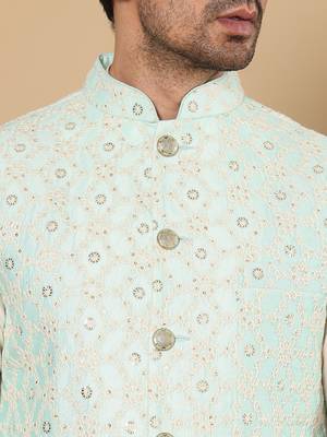 Sea green silk embroidered nehru jacket 4