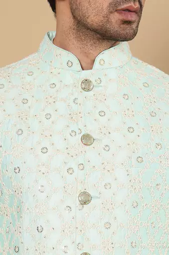 Sea green silk embroidered nehru jacket