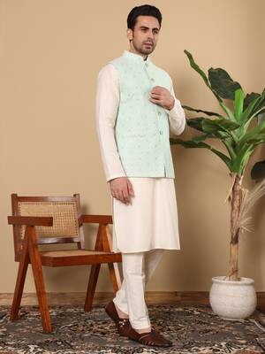 Sea green silk embroidered nehru jacket 5